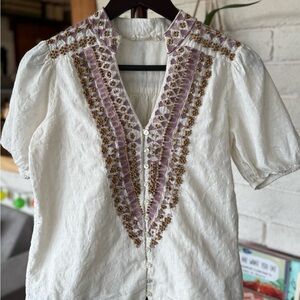 Anthropologie ForeverThatGirl White and Brown Puff Sleeve Blouse with Bib Collar